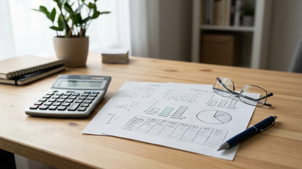 Notatki i proste schematy kosztów na biurku — materiał ilustracyjny edukacji finansowej
